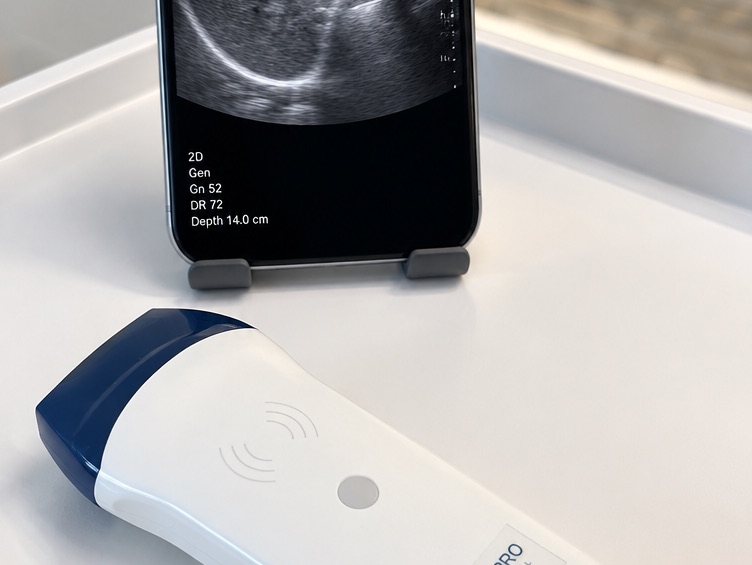 Ecógrafo de mano Doctor Pro 2203CL junto a un celular